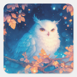 Cute White Owl Perched on Autumn Leaf Branch Square Sticker