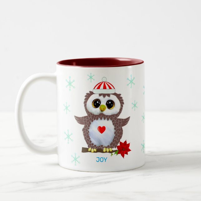 Cute White Owl & Snowflakes Two-Tone Coffee Mug (Left)