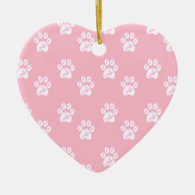 Cute white paw pattern on pink ceramic ornament (Front)