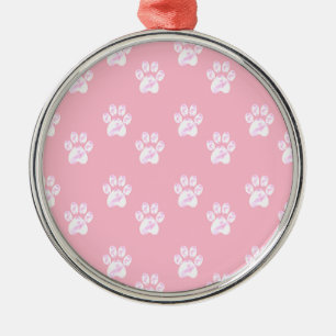 Cute white paw pattern on pink metal ornament
