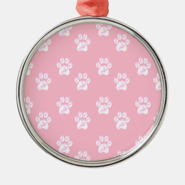 Cute white paw pattern on pink metal ornament (Front)