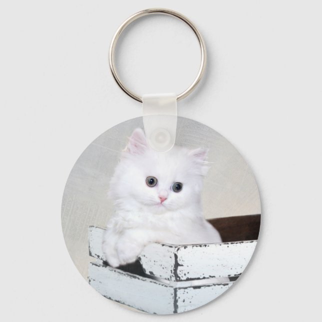Cute White Persian Kitten Keychain (Front)