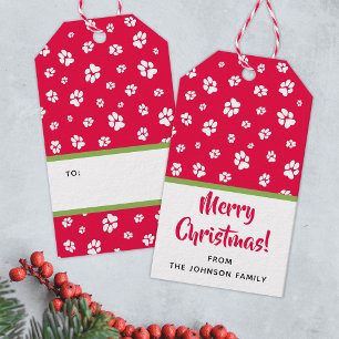 Cute white pet dog puppy paw prints pattern Red Gift Tags
