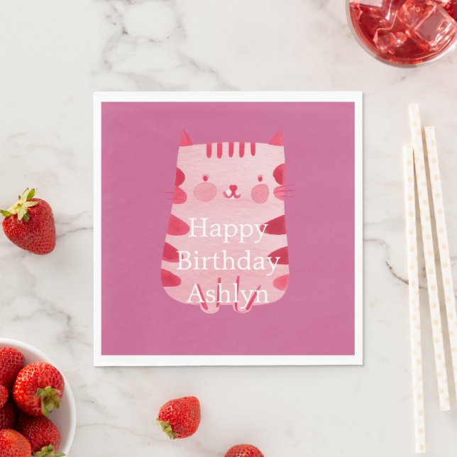 Cute White Pink Cat Birthday Personalized Napkin (Insitu)