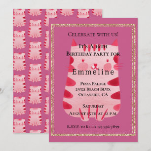 Cute White Pink Cat Gold Glitter 16th Birthday Invitation
