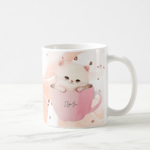 Cute White-Pink Cat in a Tea Cup