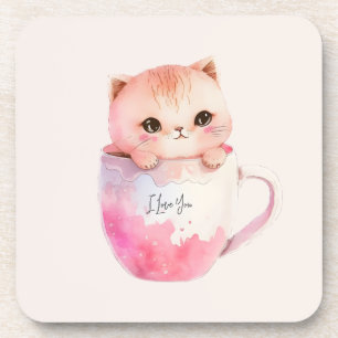 Cute White-Pink Cat in a Tea Cup (2) Coaster