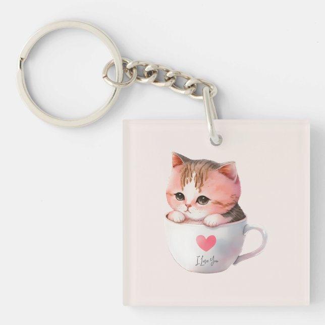Cute White-Pink Cat in a Tea Cup (2) Keychain (Front)