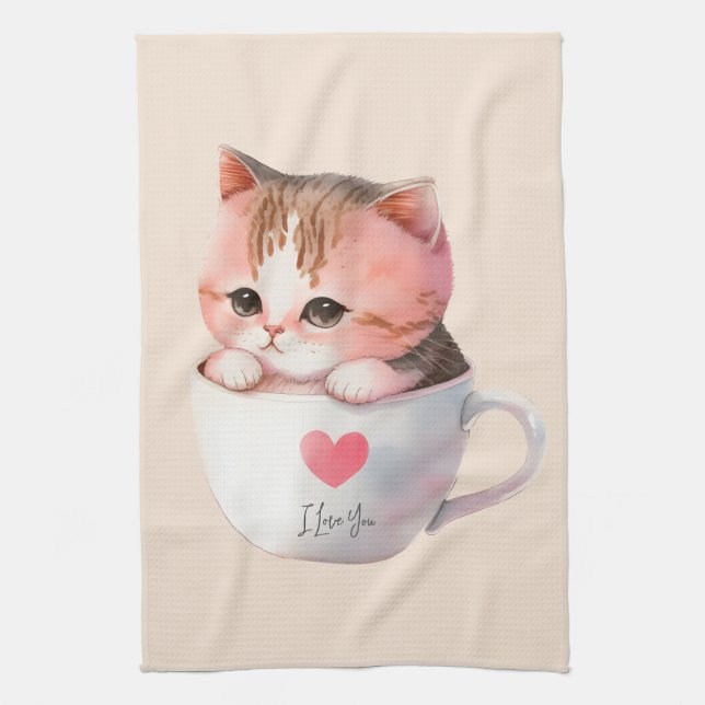 Cute White-Pink Cat in a Tea Cup (2) Kitchen Towel (Vertical)