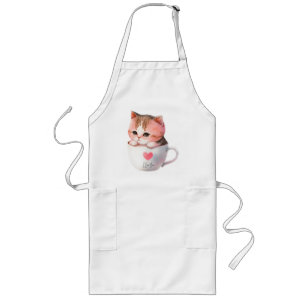 Cute White-Pink Cat in a Tea Cup (2) Long Apron