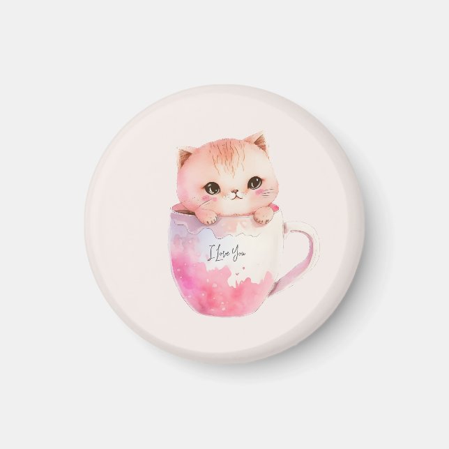 Cute White-Pink Cat in a Tea Cup (2) Magnet (Front)