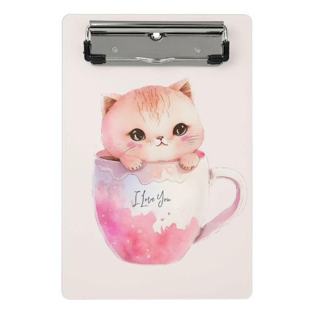 Cute White-Pink Cat in a Tea Cup (2) Mini Clipboard (Front)