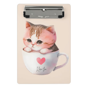 Cute White-Pink Cat in a Tea Cup (2) Mini Clipboard