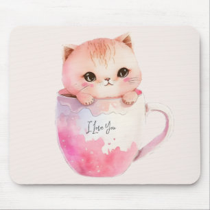 Cute White-Pink Cat in a Tea Cup (2) Mouse Pad