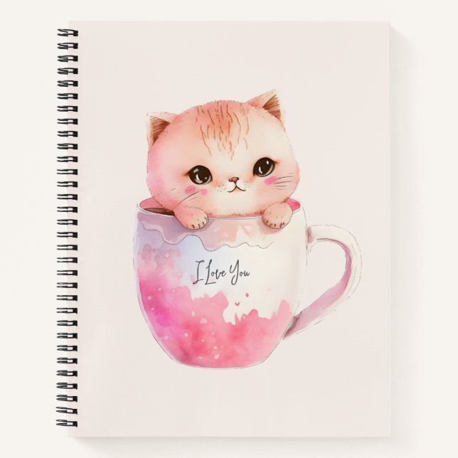 Cute White-Pink Cat in a Tea Cup (2) Notebook (Front)