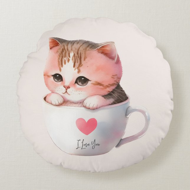 Cute White-Pink Cat in a Tea Cup (2) Round Pillow (Front)