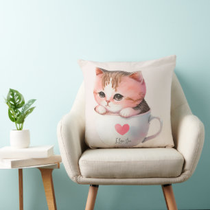 Cute White-Pink Cat in a Tea Cup (2) Throw Pillow