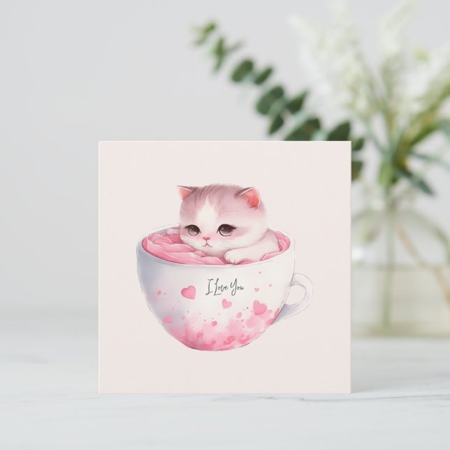 Cute White-Pink Cat in a Tea Cup (3) (Standing Front)