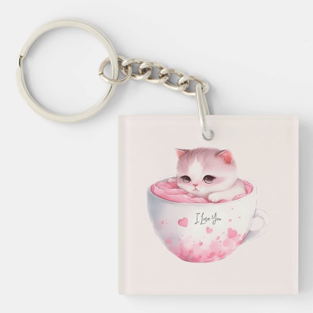 Cute White-Pink Cat in a Tea Cup (3) Keychain (Front)