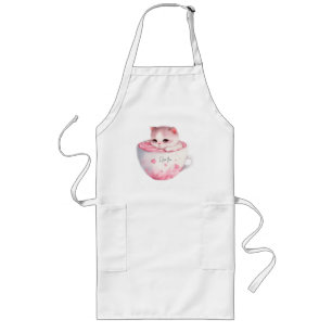 Cute White-Pink Cat in a Tea Cup (3) Long Apron
