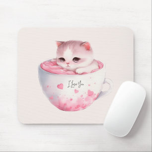 Cute White-Pink Cat in a Tea Cup (3) Mouse Pad