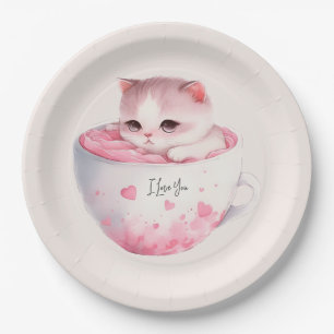 Cute White-Pink Cat in a Tea Cup (3) Paper Plate