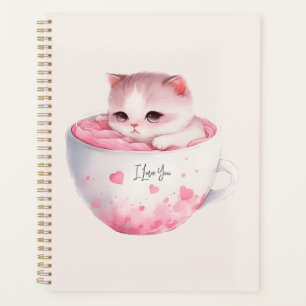 Cute White-Pink Cat in a Tea Cup (3) Planner
