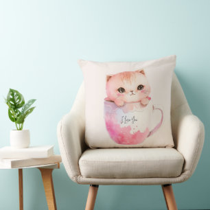 Cute White-Pink Cat in a Tea Cup (3) Throw Pillow