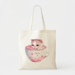 Cute White-Pink Cat in a Tea Cup (3) Tote Bag