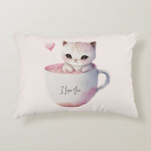 Cute White-Pink Cat in a Tea Cup (4) Accent Pillow