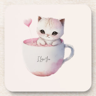 Cute White-Pink Cat in a Tea Cup (4) Coaster