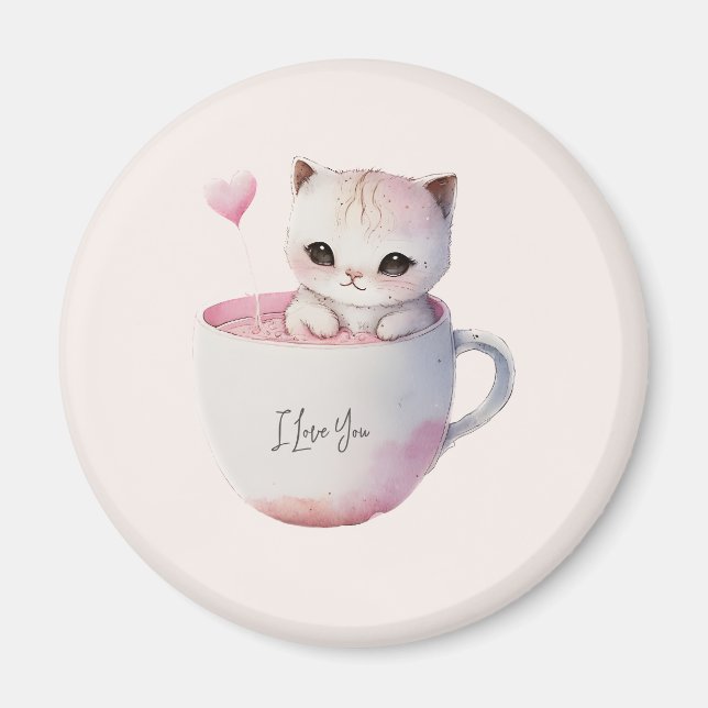 Cute White-Pink Cat in a Tea Cup (4) Magnet (Front)