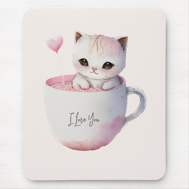 Cute White-Pink Cat in a Tea Cup (4) Mouse Pad (Front)