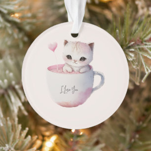 Cute White-Pink Cat in a Tea Cup (4) Ornament