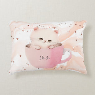 Cute White-Pink Cat in a Tea Cup Accent Pillow