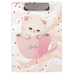 Cute White-Pink Cat in a Tea Cup Clipboard