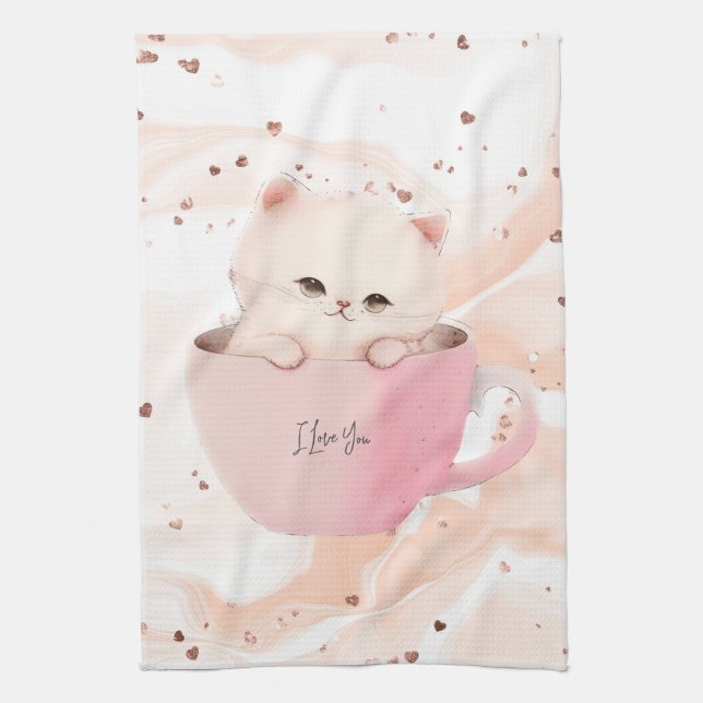 Cute White-Pink Cat in a Tea Cup Kitchen Towel (Vertical)