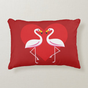 Cute White Pink Flamingos with Red Heart Accent Pillow