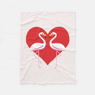 Cute White Pink Flamingos with Red Heart Fleece Blanket