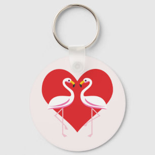Cute White Pink Flamingos with Red Heart Keychain
