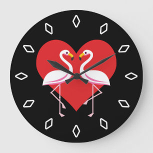Cute White Pink Flamingos with Red Heart Large Clock