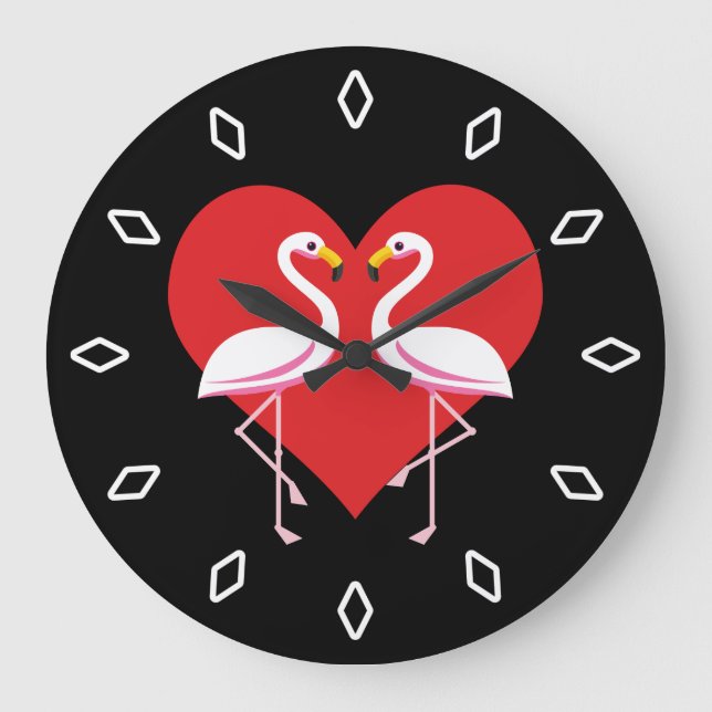 Cute White Pink Flamingos with Red Heart Large Clock (Front)