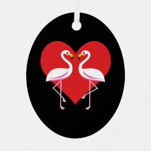 Cute White Pink Flamingos with Red Heart Metal Ornament