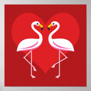 Cute White Pink Flamingos with Red Heart Poster