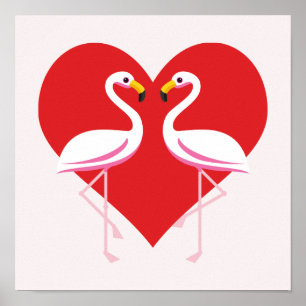 Cute White Pink Flamingos with Red Heart Poster
