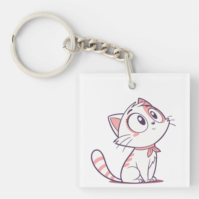 Cute White & Pink Kitten Cartoon – Kids Acrylic Keychain (Front)