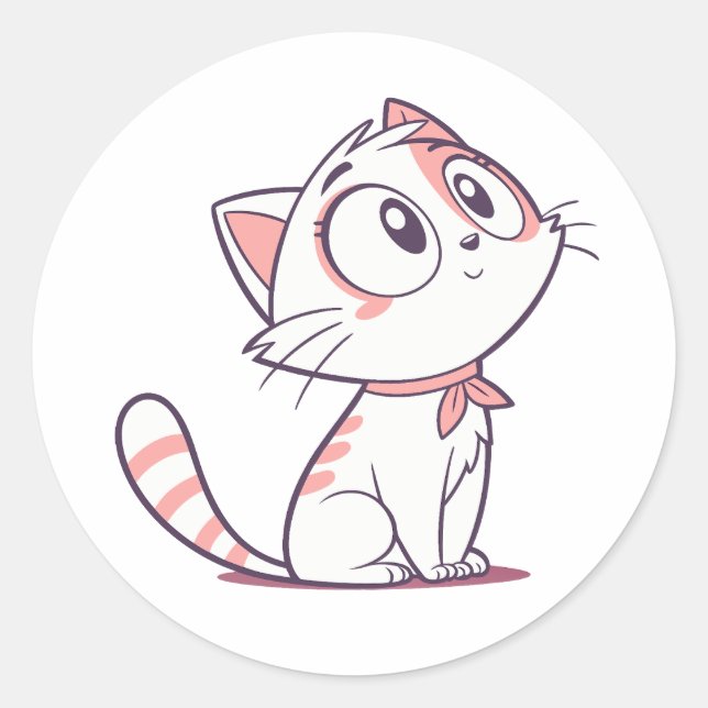 Cute White & Pink Kitten Cartoon – Kids Sticker (Front)