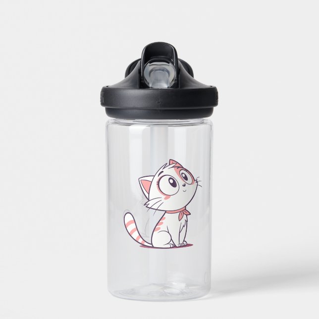 Cute White & Pink Kitten – Kids Water Bottle (Front)