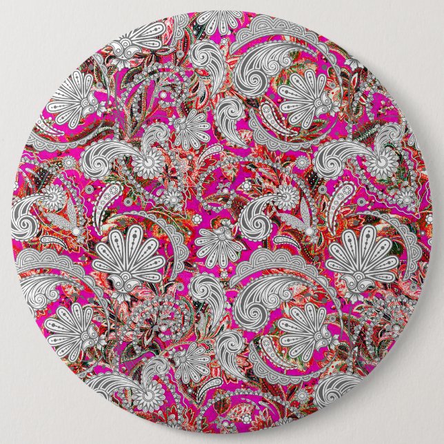 Cute white pink paisley patterns 6 inch round button (Front)