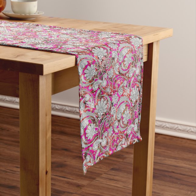 Cute white pink paisley patterns long table runner (In Situ)